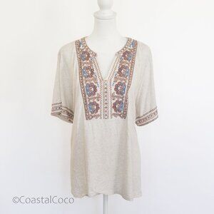 Pure Jill Embroidered Tee 3X Oatmeal Split Neck 100% Cotton Hippie Boho Summer